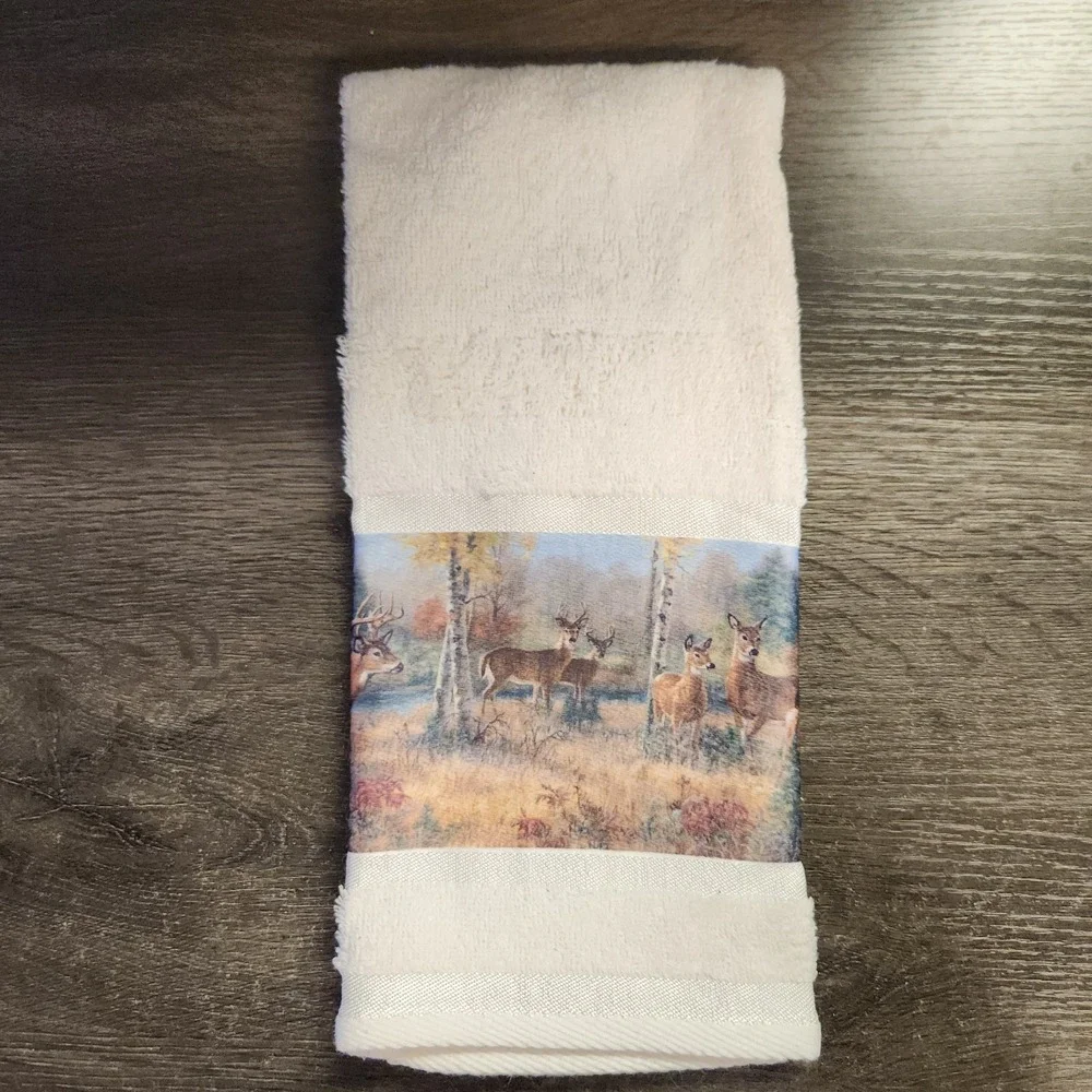 Vintage Towel Set Bath & Hand Woodland White Tail Deer Hunting Lodge Cottagecore